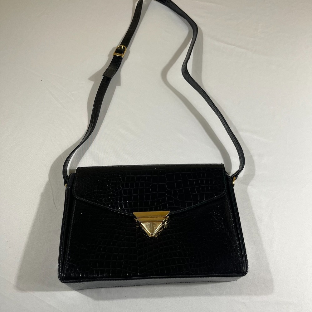 Sasha Black Crocodile Embossed Shoulder Bag Structured Gold Tone Hardware